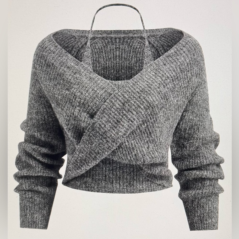 COMMENSE Wool Blend Two-Piece Set Crossover Halter Knit Top Grey L NWT SOLD OUT